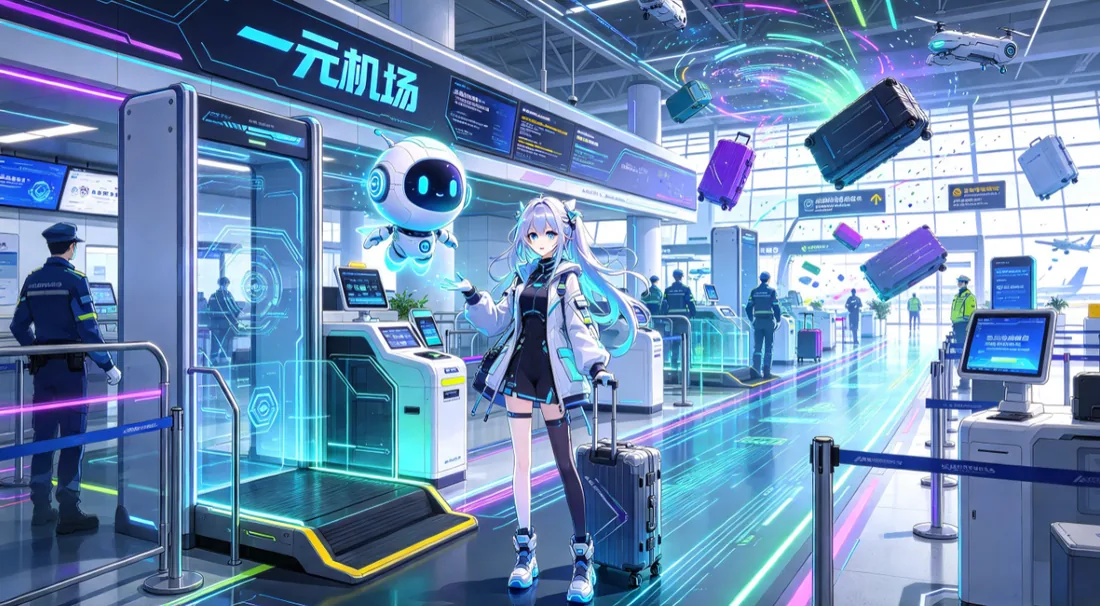 机场安检通道里的少女与机器人的动漫风插画