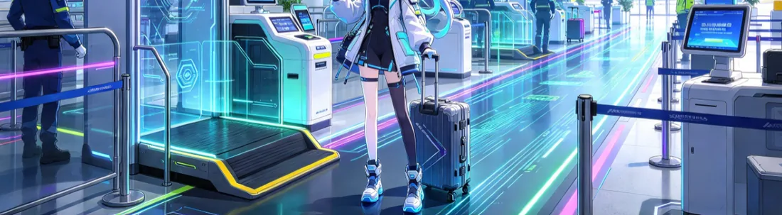 机场安检通道里的少女与机器人的动漫风插画（下半）